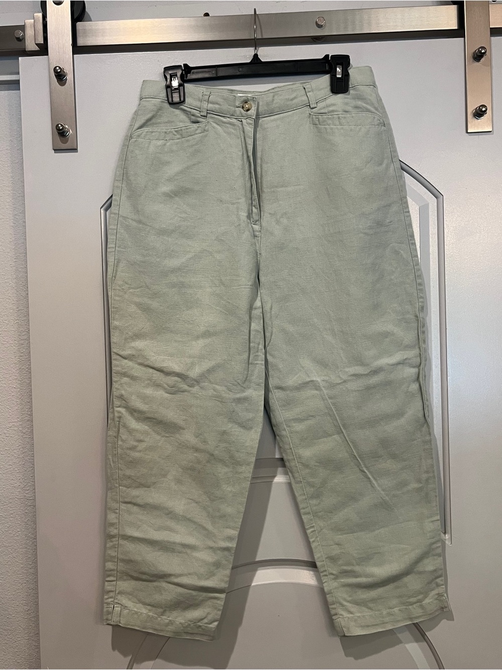 Talbots Light Sage Irish Linen High-Waisted cropped Casual Pants. Petite